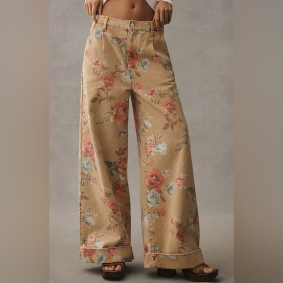 Anthropologie Denim - Anthropologie High-Rise Wide Leg Floral Jeans — Tan with Pink & Blue Flowers